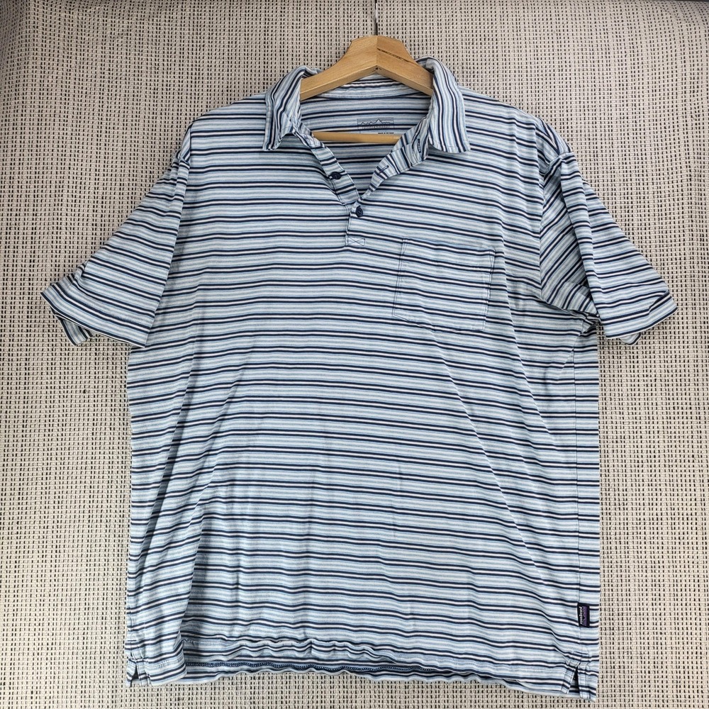 Patagonia‎ Polo Shirt Mens Large Blue White Striped Pocket Casual Short Sleeve